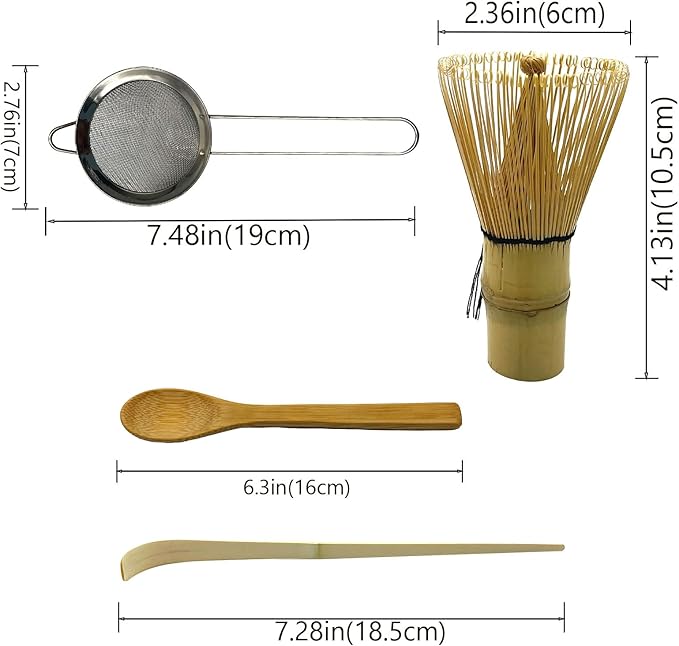 Matcha Whisk Set 4 Pieces Set for Matcha Beginners, Including a Traditional Bamboo Whisk, Spoon, Tea Sieve and Bamboo Spoon