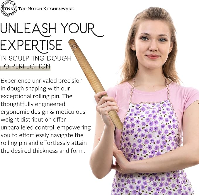 Top Notch Kitchenware | Sugar Maple French Style Rolling Pin | Tapered Solid Wood Design | Perfect for Baking Enthusiasts | Dough Roller | USA Made