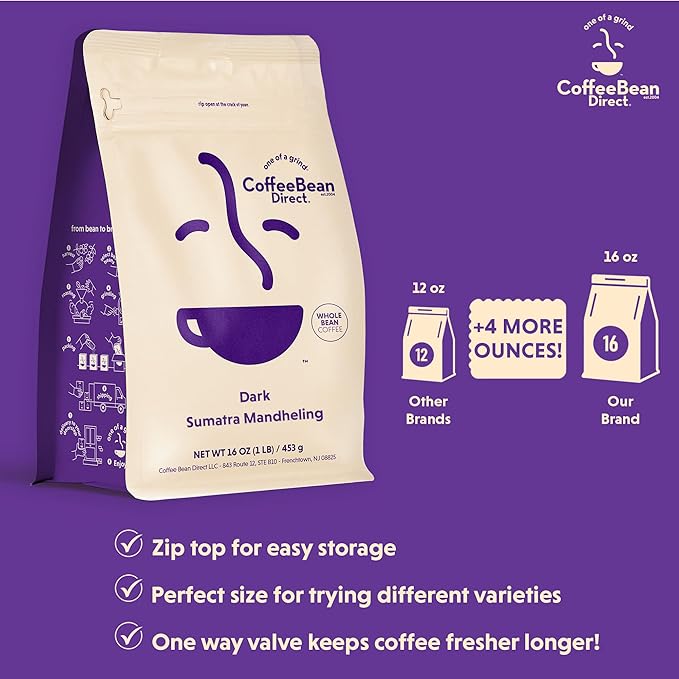 Coffee Bean Direct Dark Sumatra Mandheling, Whole Bean Coffee, Arabica Coffee, Dark Roast, 1 Pound Bag (Pack of 1)