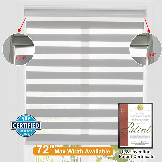 Persilux Cordless Zebra Blinds for Windows Free-Stop Roller Windows Shades (34" W X 64" H, Grey) Dual Layer Light Control for Day and Night, Light Filtering Sheer Shades for Home