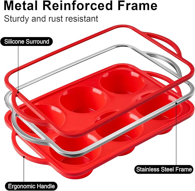 Jumbo Muffin Pan with Metal Frame, 6 Cup Large Cupcake Mold with Handles, Silicone Egg Bite Baking Tray, BPA Free & Non-Stick