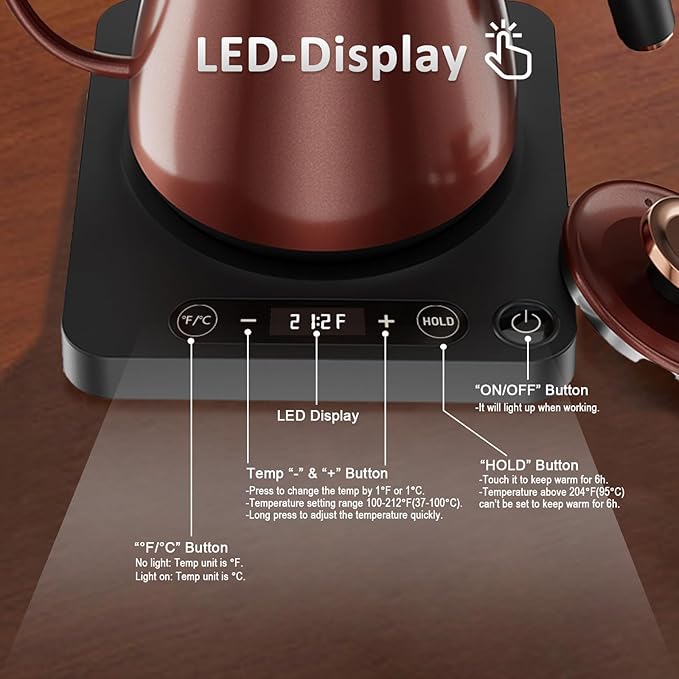 Smart Gooseneck Electric Kettle 1.0L with Temp Control and Keep Warm, 1000W Rapid Boil In 4 Min, Stainless Steel Kettle for Coffee/Tea, LED Display, Touch Control, Vintage Copper Color, BPA-Free