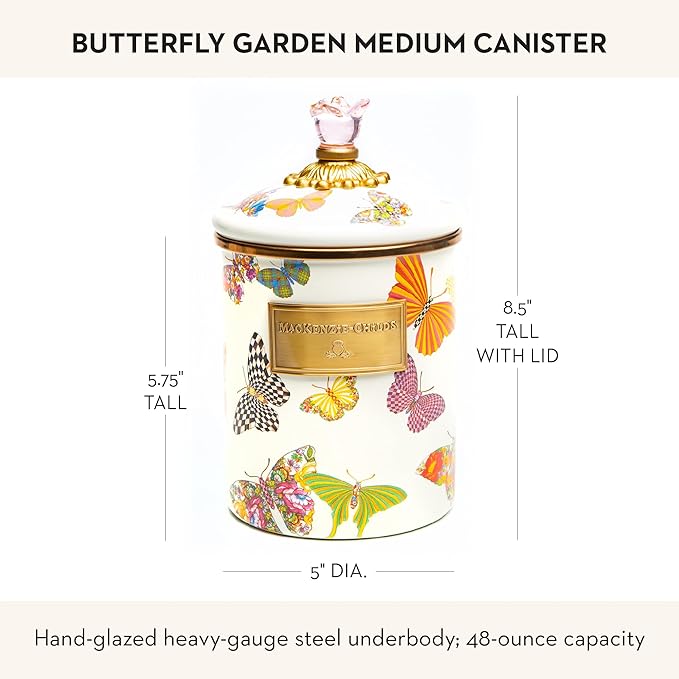 MACKENZIE-CHILDS Butterfly Garden Enamel Canister, Pretty Kitchen Storage Container with Lid, Medium