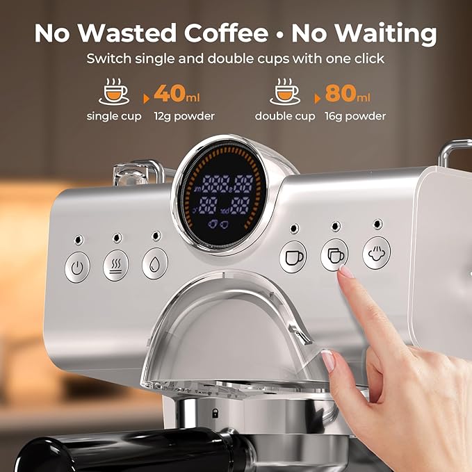 Compact Espresso Machine with Milk Frother,Cold Brew & Hot Coffee Machine,LED Display,Cappuccino & Latte Machine for Home,Beginner-Friendly Espresso Machines (SILVER)