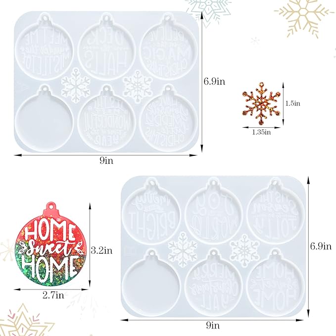 Sakolla Christmas Resin Molds 2 Pack Christmas Silicone Molds Ornaments Resin Molds Round Shape Lettered Pendant for Epoxy Resin Casting DIY Jewelry Keychain Snowflakes Crafts
