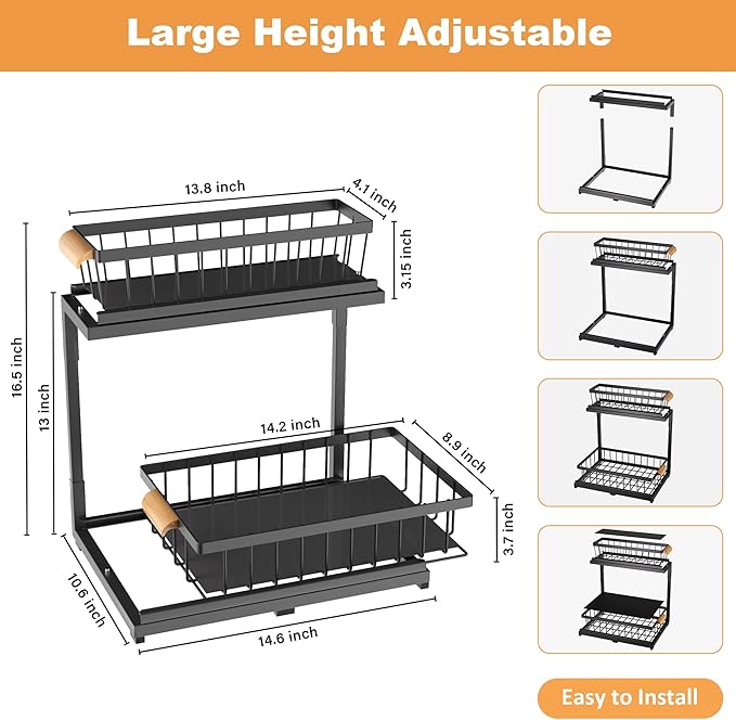 Under Sink Organizer, 2 Tier Under Sink Organizers and Storage, Slide Out Pull Out Cabinet Organizer Shelf, Metal Sliding Drawer for Kitchen Bathroom Pantry Cabinet Closet Organization Rack