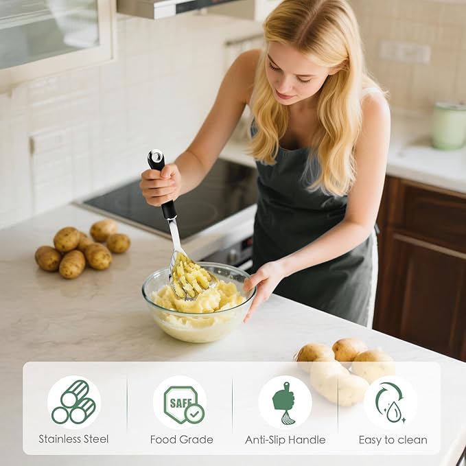 Potato Masher Stainless Steel Heavy Duty Mashed Potato Masher Kitchen Tool for Mashed Potatoes, Bean,Vegetable,Fruits, Avocados, Meat,Dishwasher Safe, 10 Inch
