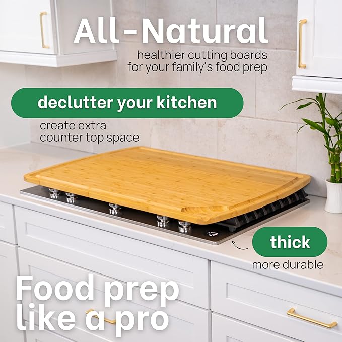 GREENER CHEF 30 Inch 3XL Extra Large Cutting Board with Lifetime Replacements - Oversized Bamboo Stove Top Cover Noodle Board - Wooden Meat Cutting Board - Turkey Carving Board - Charcuterie Board