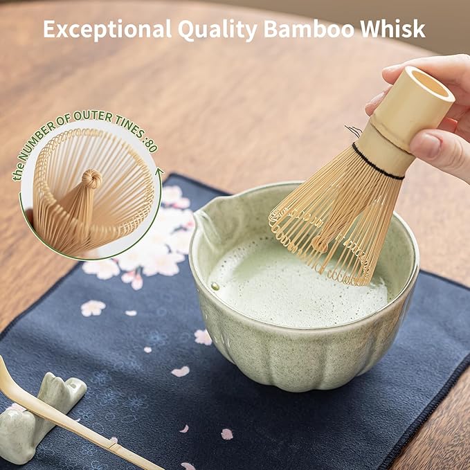 8 Pcs Matcha Whisk Set - HTRCXB Matcha Set with Ceramic Bowl, Bamboo Whisk & Holder, Scoop, Sifter, Measuring Spoon, Scoop Rest & Tea Towel, Complete Gift Kit for Beginners & Tea Lovers