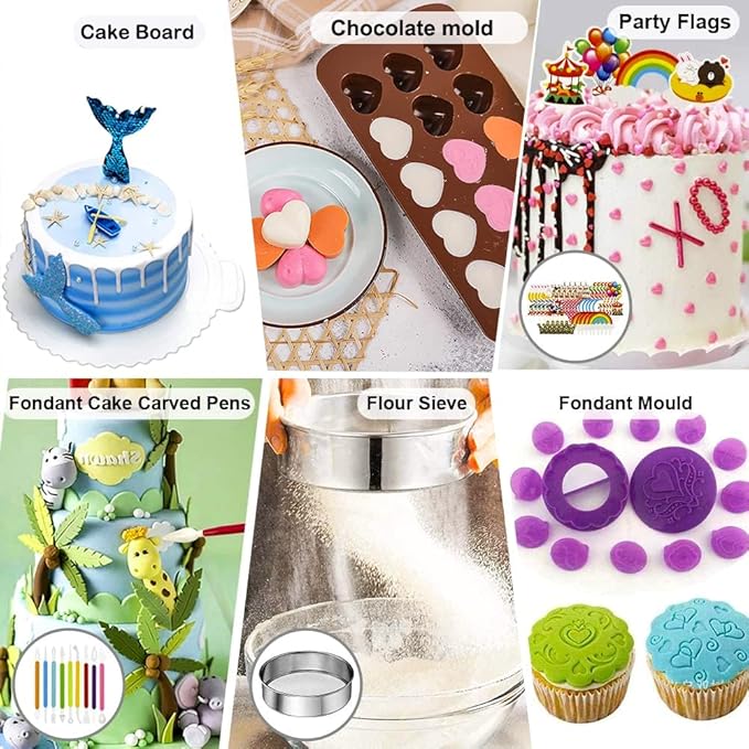 Gawren-H&E Cake Decorating Supplies Kit, 678 PCS Cake Decorating Kit & Cake Baking Suppplies set with Cake Carrier,3 Springform Pans Set,Piping Bags and Tips Set,Chocolate Molds,Cake Stand for Baking