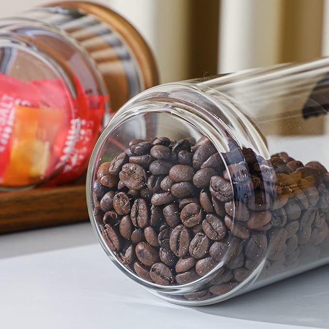 Glass Storage Containers Set of 4, 15 FL OZ High Borosilicate Glass Jars Kitchen Food Canisters with Acacia Wood Lids for Coffee Beans/Sugar/Tea/Nuts