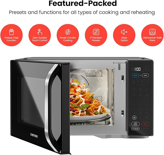 Chefman MicroCrisp Countertop Digital Microwave Oven, Unique "Cook & Crisp" Power Combo, 1.0 Cu Ft, Dual-Cook 1000W Microwave + 1500W Crisper, 6 Touch Presets, Digital Display, Stainless Steel Handle