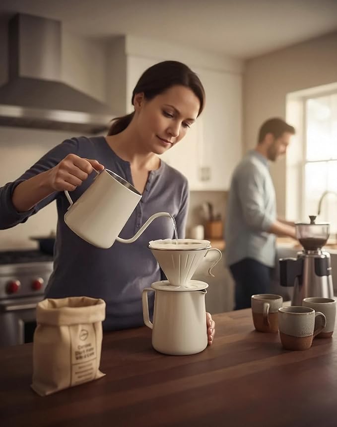 AGOGO Compact Portable Pour Over Coffee Maker Set - Easy Cleaning 304 Stainless Steel Dripper Set for Camping & 50 Filters Paper & Cleaning Rag (Cream, 600ml)