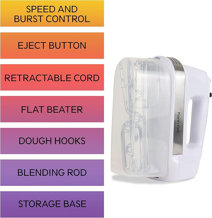 Kenmore Hand Mixer – 5 Speed Handheld Blender, Electric Egg Beater, Whisk, Dough Hooks, Storage Case, Turbo Boost for Cake Mix, Baking, Retractable Cord, Kitchen Appliances