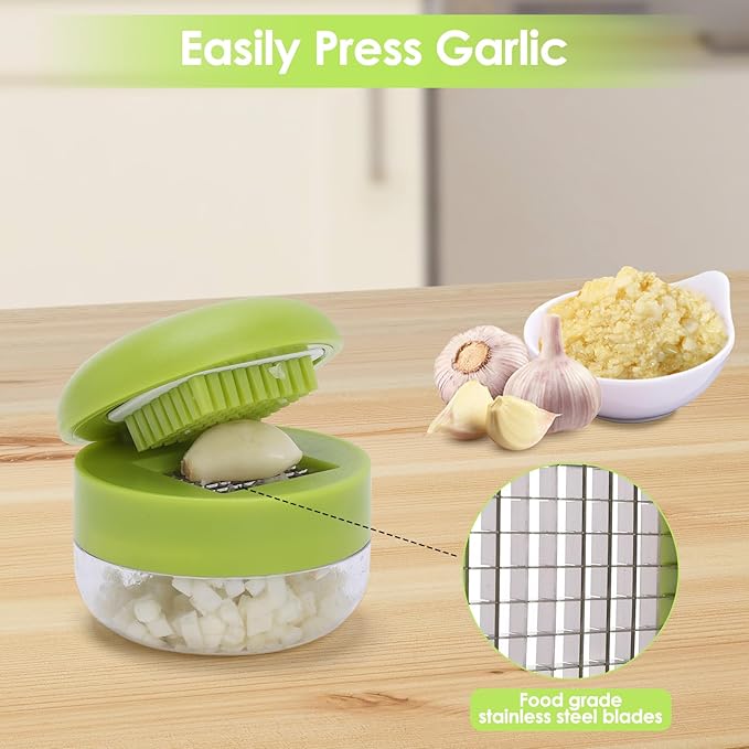 2 Pcs Garlic Press Set, Stainless Steel Garlics Crusher with Silicone Peeler and Cleaner Brush, Easy to Use Garlic Chopper for Shredded Garlic, Ginger and Fruit