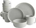 Gibson Home Zuma 16 Piece Round Kitchen Dinnerware Set, Dishes, Plates, Bowls, Mugs, Service for 4, Matte Stoneware, Light Grey