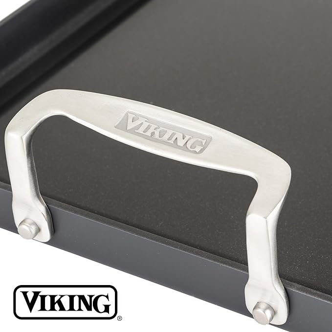 Viking Non Stick Double Burner Griddle, Hard Anodized Nonstick Kitchen Cookware Grill Pan with Handles, Oven Safe, Works on Electronic, Ceramic, and Gas Stove Tops, 19 x 11 Inch