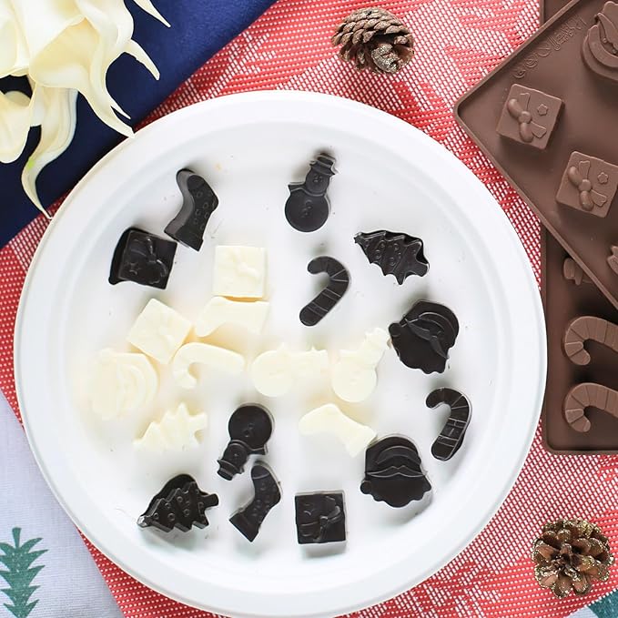 Chocolate Molds Silicone Christmas, Small Silicone Molds with 6 Shapes of Santa/Stockings/Tree/Candy Cane/Snowman/Xmas Box, Mini Candy Mold for Gummy/Fudge/Jelly/Fruit Snacks, 2 Pcs