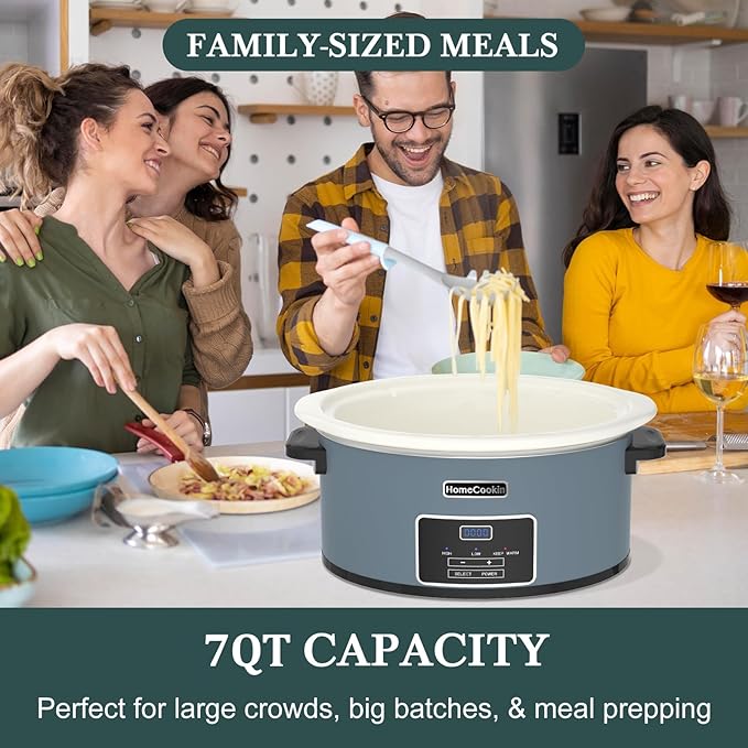 HOMECOOKIN 7-Quart Programmable Slow Cooker with Timer Keep Warm - Small Kitchen Appliance for Family Dinners - Serves 6+ People (Blue)
