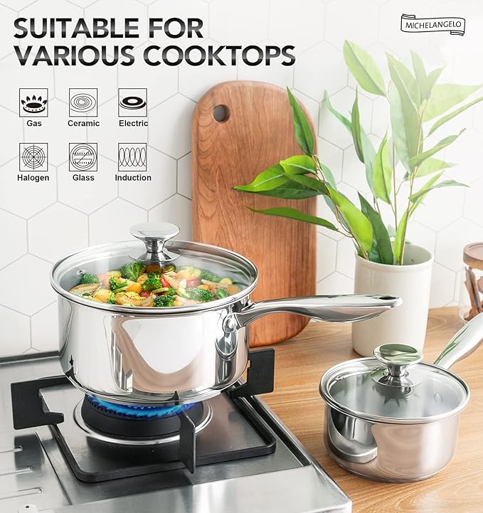MICHELANGELO 1Qt & 2Qt Tri-ply Stainless Steel Saucepan Set, Small Cooking Pots with Tempered Glass Lids, Induction Ready, Oven & Dishwasher Safe, Multipurpose Sauce Pans for Home Kitchen & Restaurant