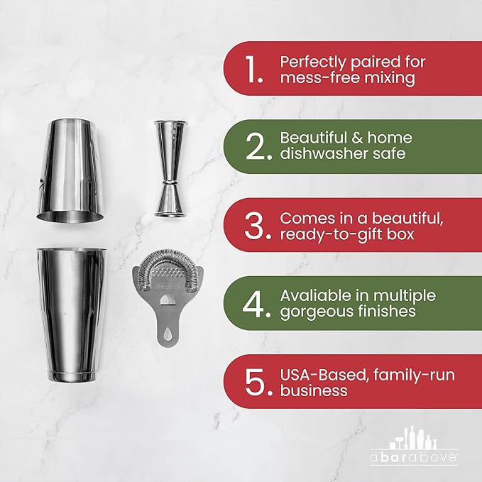 A Bar Above 4-Piece Cocktail Shaker Set, for Professional and Home Bar, Premium Bar Kit Gifts, Includes Strainer, Japanese Jigger, and Boston Shaker Set