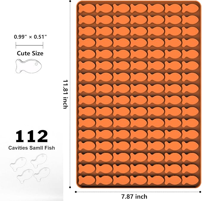 Cat Treat Molds, 112 Cavities Mini Fish Shape Silicone Mold for Baking Pet Treats/Biscuits/Snacks for Cat, Dog or Kids as Awards, Food-Grade Fish Mold for Candy/Chocolate (with a Scraper)