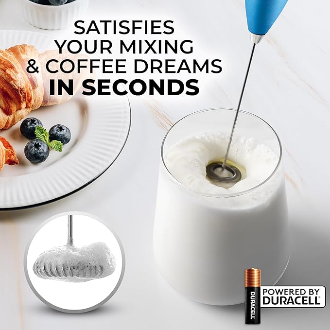 Zulay Kitchen Milk Frother Handheld Electric Whisk with AA Duracell Batteries – Durable Drink Mixer for Coffee, Lattes, Cappuccinos & More - Metallic Blue