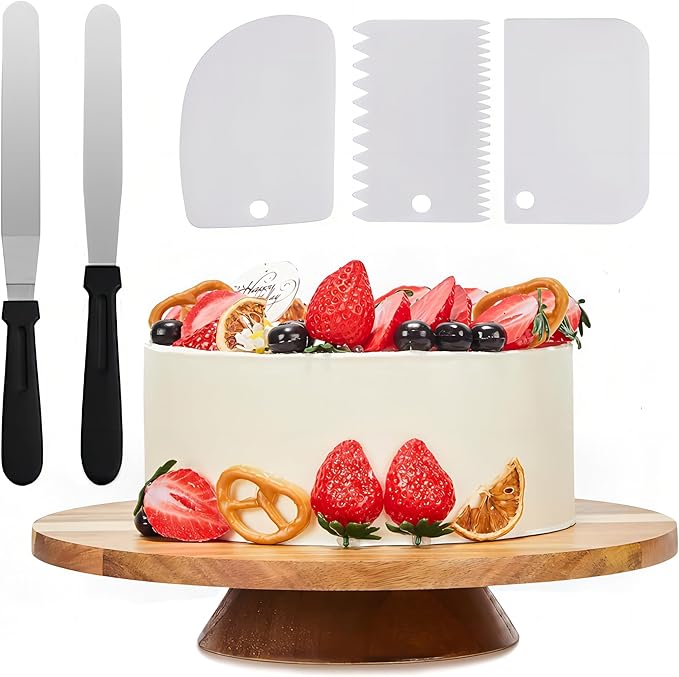 12" Acacia Wood Revolving Cake Stand,2" High Rotating Cake Turntable with 2 Plastic Icing Spatulas, 3 Plastic Smoothers, Wooden Rotating Display Stand for Cake, Cupcake Decorating Supplies