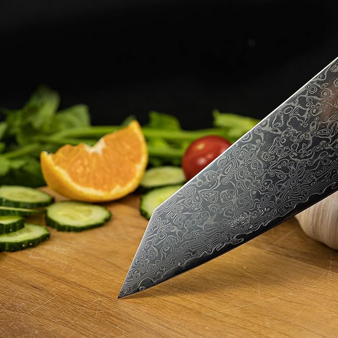 Seido Knives Kiritsuke Damascus Steel Chef Knife Epoxy Resin Stabilized Wood Handle Professional Kitchen Knife VG10 High Carbon Stainless Steel, Ruby Red