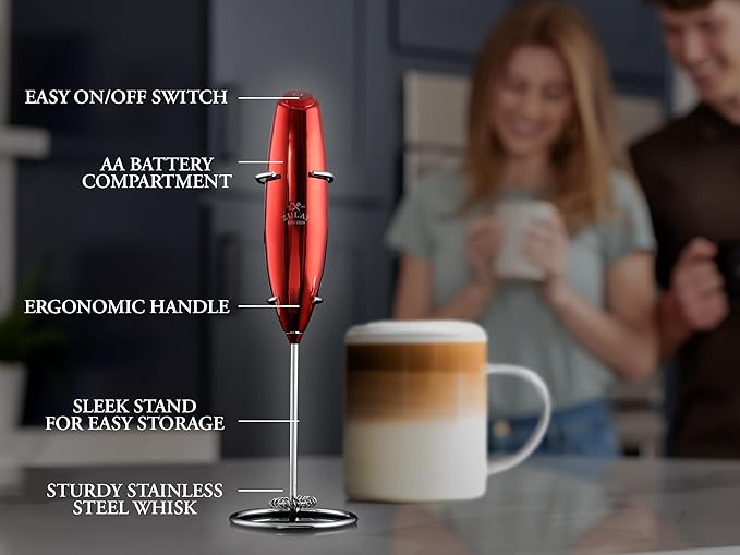 Zulay Kitchen Executive Series Luxury Gift Milk Frother – Handheld Electric Foam Maker for Coffee, Lattes & Hot Chocolate – Deluxe Finish, Great Fir for Coffee Lovers (Cardinal Red)