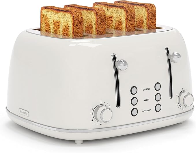 Toaster 4 Slice, Retro Stainless with 6 Bread Shade Settings,1.5''Wide Slots Toaster with Cancel/Defrost/Reheat Functions,Dual Independent Control Panel, Removal Crumb Tray (White)