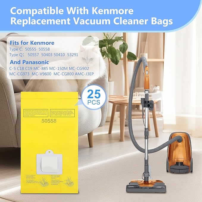 25 Pack Replacement Vacuum Bags Compatible with Kenmore Canister Type C/ 5055, 50555 50557,50558,and Panasonic Type C-5 C-18-Premium Canister Vacuum Bags
