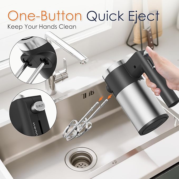 Powerful 600W Hand Mixer, 5-Speed Electric Hand Held Mixer for Baking, Lightweight Stainless Steel Hand Beaters *2 & Dough Hooks*2 with Eject Button, Kitchen Mixer for Cream, Cookies, Dough-Black