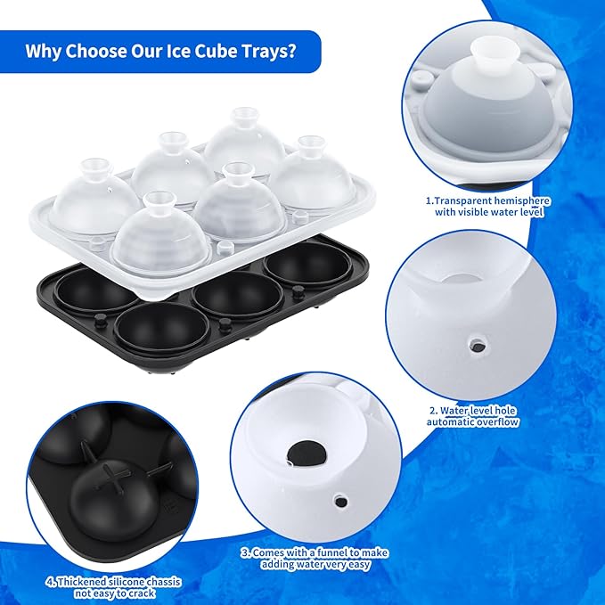 6 Chamber 2.2" 3D Round Ball Ice Cube Tray With Funnel,Large Circle Ice Ball Maker Mold Silicone Fun Shapes Bourbon Sphere Ice Cube Molds,For Chilling Whiskey,Cocktails,Bourbon,Brandy and Beverages