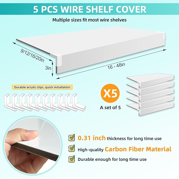 5 Pcs Wire Shelf Cover, 40X16X3 Inch Carbon Fiber Material Shelf Covers for Pantry Shelves(Not Wood), Waterproof Removable Closet Shelving Liner for Home Kitchen,Office Organization - White