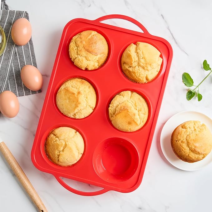 Jumbo Muffin Pan with Metal Frame, 6 Cup Large Cupcake Mold with Handles, Silicone Egg Bite Baking Tray, BPA Free & Non-Stick