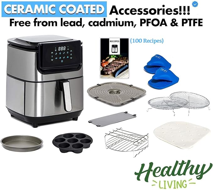 Yedi Evolution Air Fryer, 6.8 Quart, Stainless-Steel Finish, Ceramic Cooking Basket, with Deluxe Accessory Kit and Recipe Book