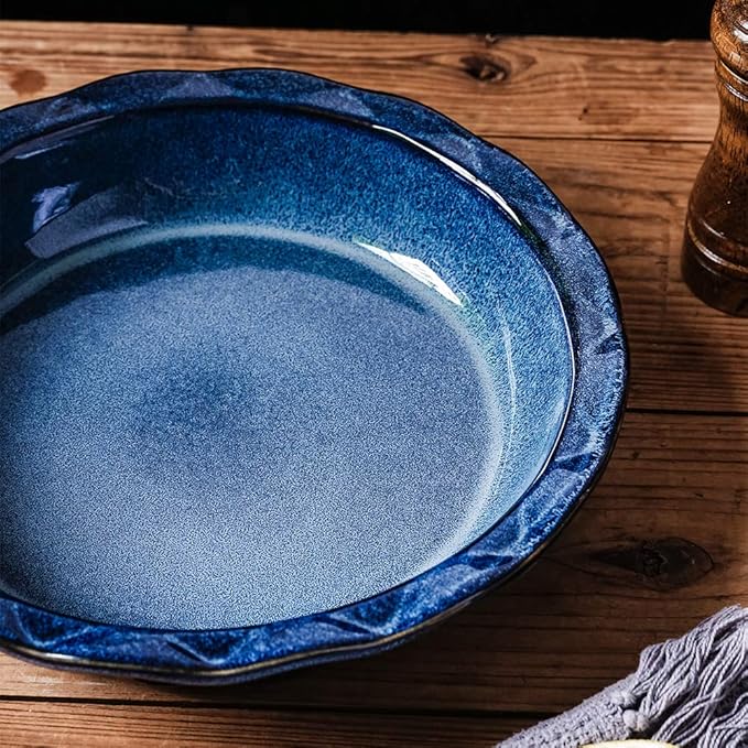 Ceramic, 9 Inches Pie Plate, Pie Dish for Dessert Kitchen, Round Baking Dish Pan for Dinner, Wrapping Upgrade, Reactive Glaze (Nebula Blue)