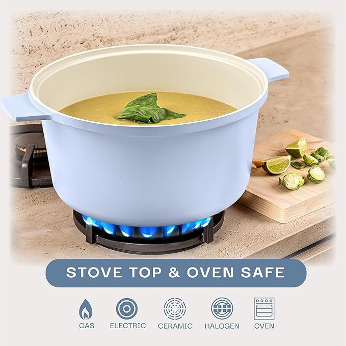 Gotham Steel 5 Qt Lightweight Ceramic Dutch Oven Pot with Lid, Nonstick Sourdough Dutch Oven for Bread Baking, 10 in 1 Stock Pot Ovens for Pasta, Spaghetti, Bread and More, Pots for Cooking