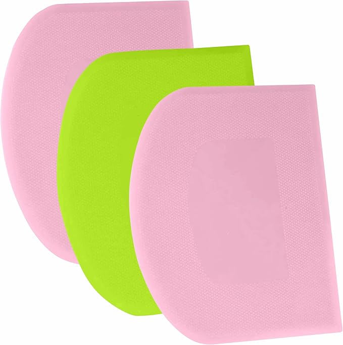 SURDOCA Dough Scraper Bench Scraper - 3P 7.1x4.9" Plastic Flexible Bowl Scraper, Sharp Edge & Angles Cake Scraper. Non-Slip Bakeware Decorating Tools Sculpting & Modeling Tools - Pink+Green+Pink