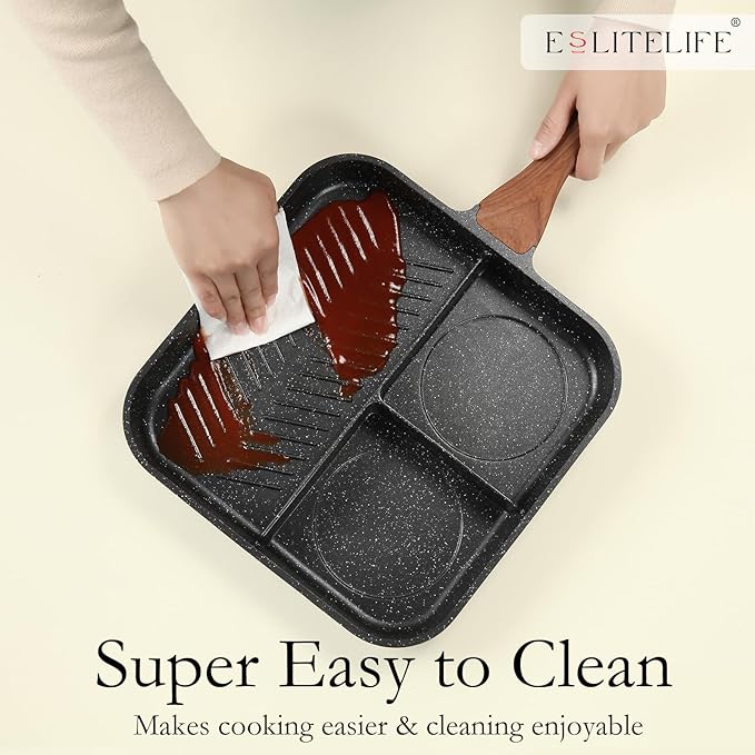 ESLITE LIFE 11 Inch Nonstick Divided Grill Pan for Indoor Cooking, Versatile 3-In-1 Induction Large Breakfast Pan for Stove Tops, PTFE & PFOA Free, Black