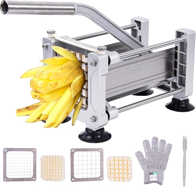 Heavy Duty French Fry Cutter with 3 Stainless Steel Blades (1/4" 3/8" 1/2") - Manual Metal Potato Slicer for Vegetable, Sweet Potatoes, Onions