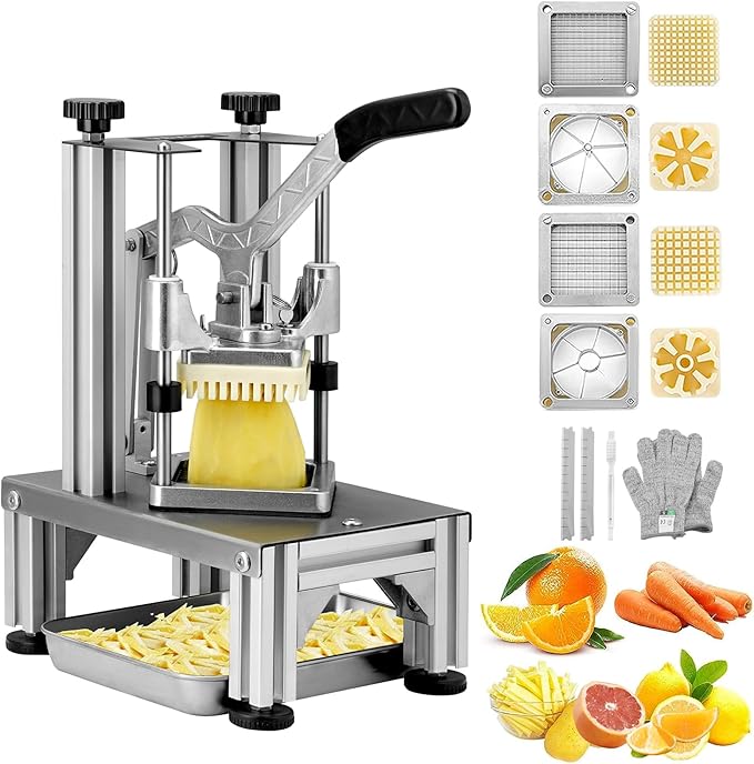 VEVOR Commercial French Fry Cutter with 4 Replacement Blades, 1/4" and 3/8" Blade Easy Dicer Chopper, 6-wedge Slicer and 6-wedge Apple Corer, Lemon Potato Cutter for French Fries with Extended Handle