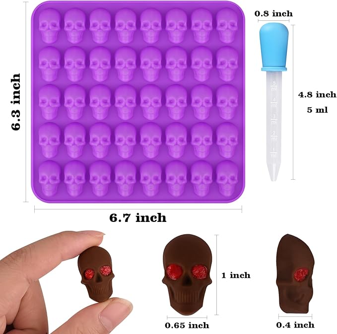 HUAKENER Gummy Skull Molds - 2 Pack Skull Candy Molds with 2 Droppers, Silicone Molds for Chocolate, Candy, Jelly, Dog Treats, Ice Cube, Resin Casting