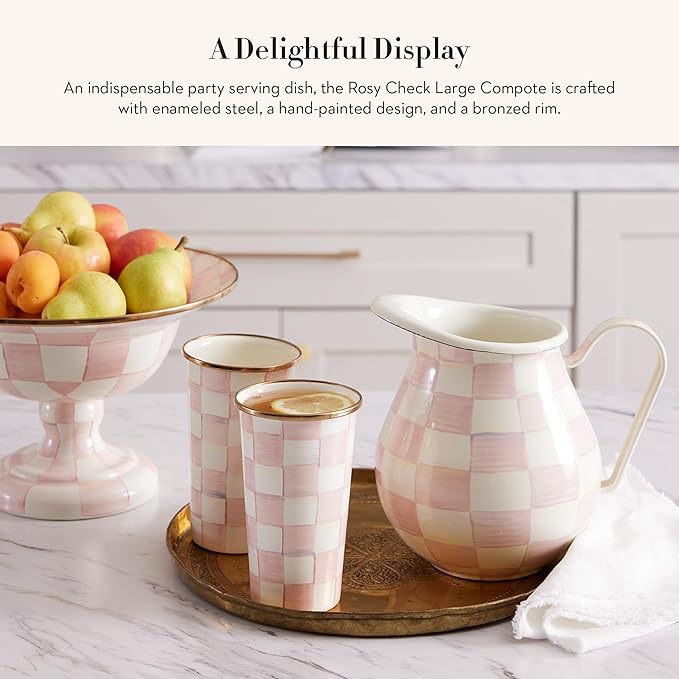 MACKENZIE-CHILDS Enamel Compote, Cute Enamel Pedestal Serving Dish or Decorative Bowl, Large, Pink-and-White Rosy Check