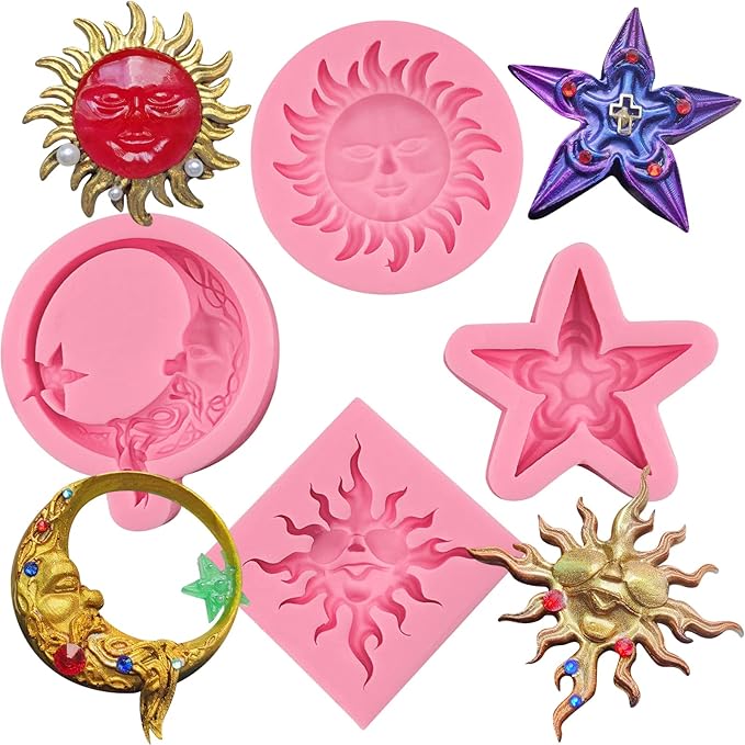 Greek Sun God Fondant Molds 4pcs, Moon Star Cake Decorating Silicone Molds, Chocolate Candy Clay Molds for Cupcake Toppers, Resin Crafts, Modeling Clay, Candles, Marzipan, Cookies, Dough, Flower Paste