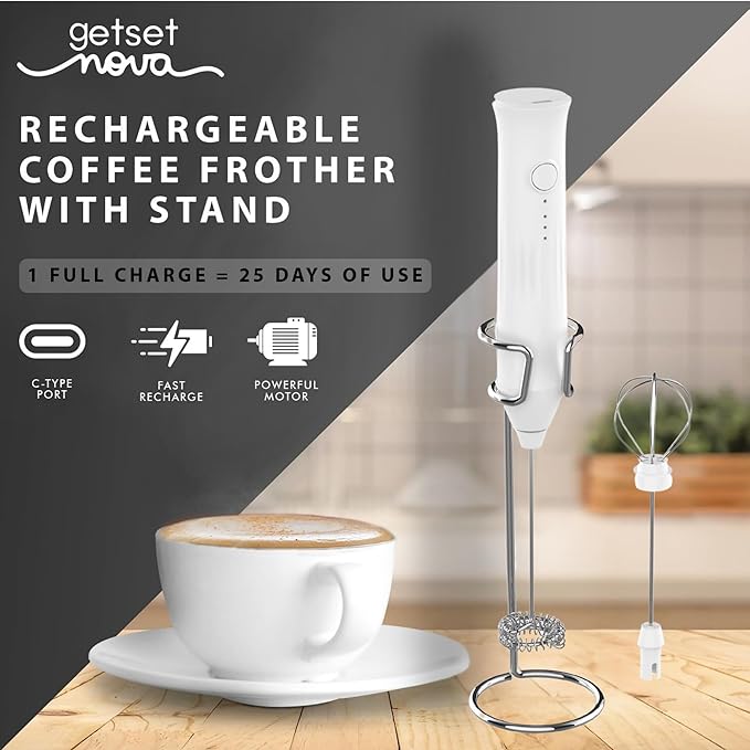 Milk Frother for Coffee, Rechargeable Electric Handheld Frother Wand with Dual Whisk, 3 Speed Settings, Fast Recharge, Powerful Motor, Handheld Mixer Electric with Stand