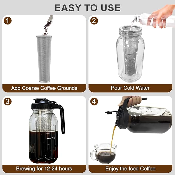 Cold Brew Coffee Maker, 64oz Iced Coffee Tea Pitcher with Stainless Steel Filter & Coffee Mat, 1/2 Gallon Heavy Duty Glass Mason Jar Cold Brew Maker with Pour Spout Handle Lid, 2 Brushes, Leak-Proof