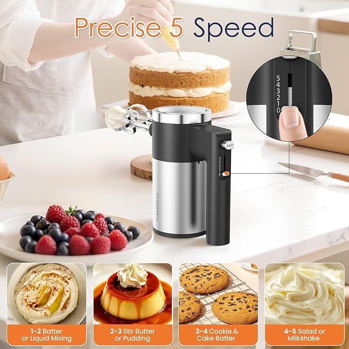 Powerful 600W Hand Mixer, 5-Speed Electric Hand Held Mixer for Baking, Lightweight Stainless Steel Hand Beaters *2 & Dough Hooks*2 with Eject Button, Kitchen Mixer for Cream, Cookies, Dough-Black
