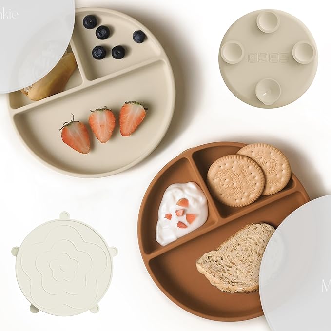 Moonkie Suction Plates for Baby | 100% Silicone BPA-Free Baby Plates with Lids and Food Cover | Divided Design | Microwave and Dishwasher Safe | Toddler Plates 2 Pack